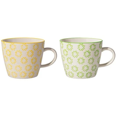 Imagen de BLOOMINGVILLE Tazas con Asas Isabella de café, té para la Oficina y el hogar ø 9,5 x H 8 cm, Amarillo Verde, Cerámica, Juego 2, Capacidad 280 ml
