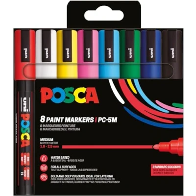 Imagen de Uni Ball 182558 POSCA Marker Set, 8 rotuladores acrílicos PC 5M, rotulador permanente 1,8 2,5 mm punta redonda