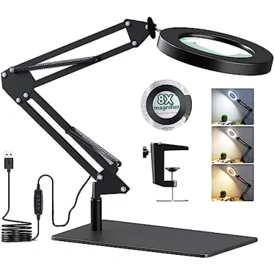 Imagen de Lámpara LED de Escritorio con Lupa 8X, 2 en 1 Luz Base Grande y Abrazadera, 3 Modos Color, 10 Niveles Brillo Ajustables, Brazo Giratorio Ajustable Ideal para Manualidades