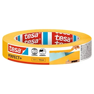 Imagen de tesa Cinta de Pintar Perfect+ Carrocero Papel tipo Washi Fino Trabajos Pintura y Enmascarado Precisión Uso en Interiores 50 m x 19 mm, Amarillo
