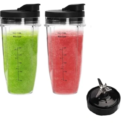 Imagen de piezas de repuesto para licuadora Ninja,2 unidades 24 oz tazas con tapa extraíble,7 aletas extractor hoja Blender accesorios Nutri Ninja Auto iQ BN801 BL480 BL640 BL642