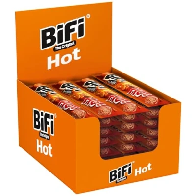 Imagen de BiFi Original Tiras de salami picante, paquete 40, 40 x 20 g, salchichón desecado para comer sobre la marcha, al aire libre, pimienta, cilantro y ajo, caja óptima aperitivos