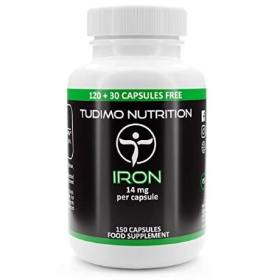 Imagen de Hierro Suplemento Capsulas 14mg 150 Cápsulas (5 Meses de Provision) Desintegración Rápida, cada una con 14 mg Polvo Fumarato Ferroso (Iron Supplements)