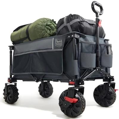 Imagen de TIMBER RIDGE Carro plegable XXL con neumáticos anchos freno, carrito de playa bolsillo lateral, soporte para bebidas, asa ajustable, jardín todo tipo terrenos, al aire