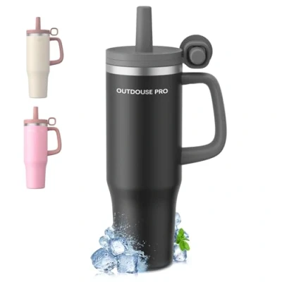 Imagen de 1200ml Taza Térmica Vaso Térmico con Asa y Pajita Termo Café sin BPA 1.2L para Beber Caliente Frío Negro