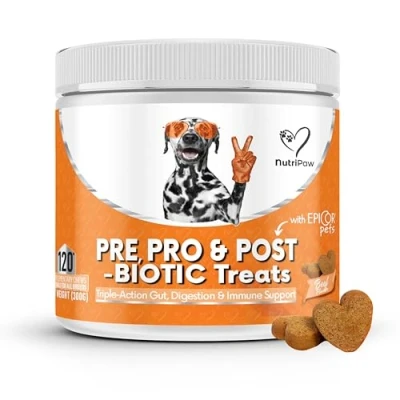 Imagen de NutriPaw Pre,Post &amp; Probióticos golosinas para perros Salud intestinal y digestiva, glándulas anales deslizamientos de glúteos, heces sueltas, orejas olorosas con picazón, enzimas digestivas