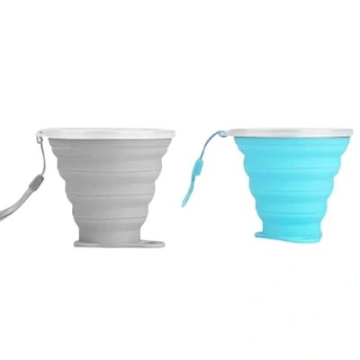 Imagen de 2 vasos plegables de silicona, sin BPA, viaje plegables, silicona con tapa plástico, juego tazas para picnic, camping, senderismo, viajes (9,5 oz)