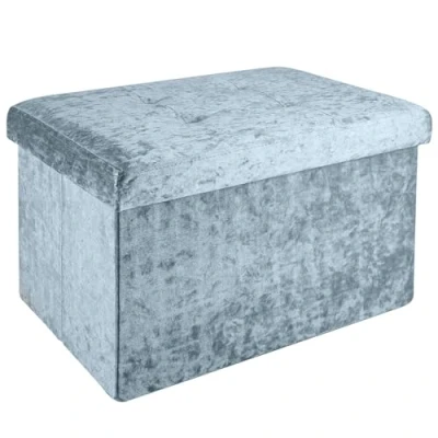Imagen de INTIRILIFE Banco plegable 49x30x30cm en terciopelo azul gris Asiento cubo con espacio de almacenamiento y tapa funda reposapiés caja arcón