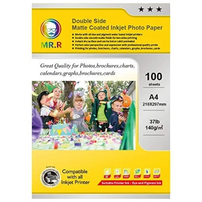 Imagen de MR.R 140gsm/m² A4x100 hojas de papel fotográfico mate a doble cara inmediatamente seco impermeable blanco brillante para impresoras inyección tinta