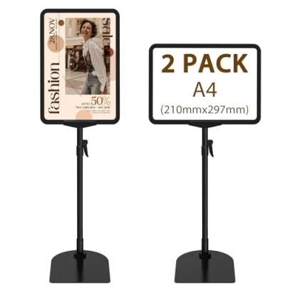 Imagen de Newzealkids Paquete de 2 soportes ajustables para póster A4, soporte reutilizable publicidad menú negocios, exhibición vista vertical y horizontal, color negro
