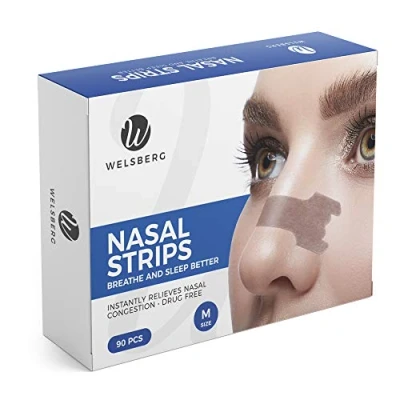 Imagen de Welsberg 90x tiras nasales contra los ronquidos para hombres y mujer, ayudan a respirar mejor tirita nariz antironquidos, talla M 55x16 mm, beige