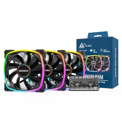 Imagen de MONTECH AX 120 mm Ventilador PWM Rendimiento silencioso alta velocidad 1600PWM Durabilidad de gama con rodamiento HDB Impresionante diseño iluminación ARGB anillo exterior