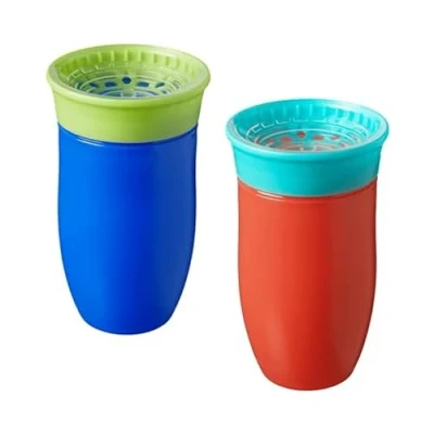 Imagen de Nuby Botella de agua All Around Taza para beber sin derrames, 300 ml, bebida desde cualquier ángulo, apta lavavajillas, BPA, apto 6 meses más (paquete 2, azul/naranja)