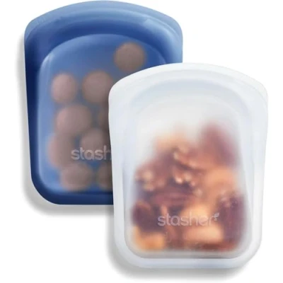 Imagen de Stasher bolsas de almacenamiento alimentos reutilizables silicona premium, 2 unidades, transparente + océano profundo, multiuso, almuerzo, contenedores
