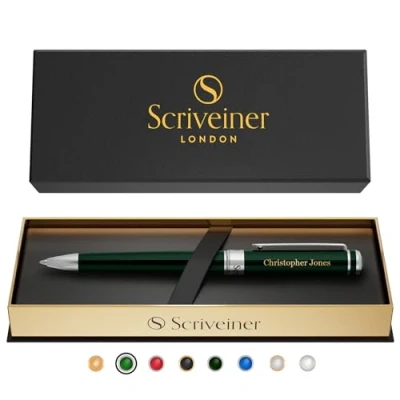 Imagen de Scriveiner pluma personalizada Verde Racing Británico: de laca verde, acabado cromado, recarga Schmidt, set regalo grabado para hombres y mujeres, con personalizado