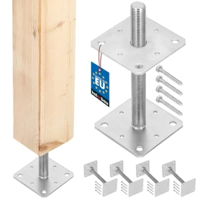 Imagen de KOTARBAU® Lote de 4 Soporte para Postes Madera 110 mm x 250 Rosca M24 Base Poste Atornillar en Suelo Hormigón Anclajes Sujeción Galvanizada Altura Ajustable