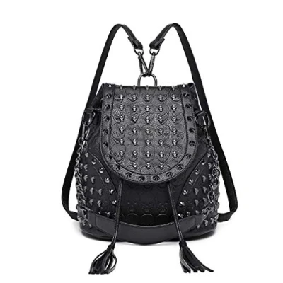Imagen de Miss Lulu Mochila de Moda Bolsos para Mujer Correa el Hombro con Cadena Cráneos en Relieve Tachuelas Cuero Imitación (Negro)