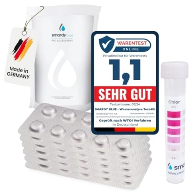 Imagen de SMARDY Probador de Piscina Kit 80 Pastillas Prueba Rápida, 40x Phenol Red (pH) y DPD1 (Cloro Libre) con Medidor Agua