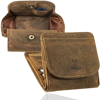 Imagen de MATADOR Pequeña caja de Viena, mini monedero, cartera para hombre, piel pequeña, monedero pequeño mujer con bloqueo RFID, paquete regalo, Hunter Marrón, Minimalista