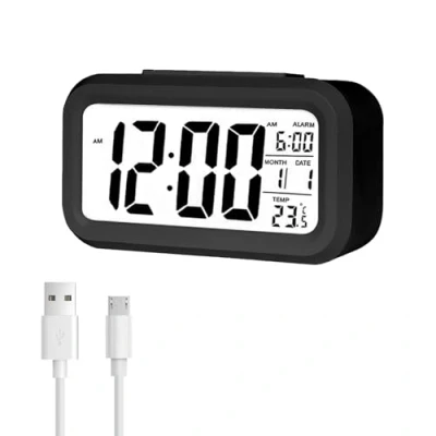 Imagen de Jsdoin Reloj Despertador Digital, LED Pantalla Alarma Inteligente con Temperatura, Sensor de Brillo, 12/24 Horas, Función Snooze y para Dormitorio, Hogar, Oficina(Recargable,Negro)