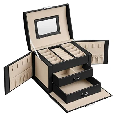 Imagen de SONGMICS Caja Joyero de 3 Niveles, para Joyas con Asa, 2 Cajones, Espejo, Cerradura, Viajar, Estilo Moderno, Regalo Seres Queridos, Negro Clásico JBC154B01