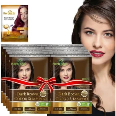 Imagen de Herbishh Hair Color Shampoo for Gray HairNatural Dye with Argan MaskTravel size Colors in MinutesLong lasting colour10pack+1packAmmonia Free (Dark Brown)