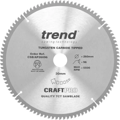 Imagen de Trend CraftPro Hoja de sierra circular TCT para encimera aluminio y plástico, 260 mm diámetro x 96 dientes 30 interior, punta carburo tungsteno, CSB/AP26096