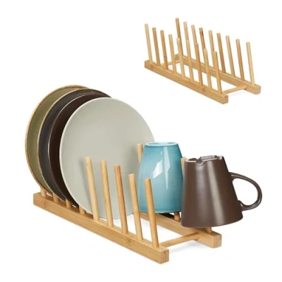 Imagen de Relaxdays Juego de 2 Soportes Escurreplatos en Set 2, 8 Platos c/u, Tapas Olla, Tablas Picar, Escurridor Vajilla Bambú, Natural, 12 x 12,5 34 cm Aprox