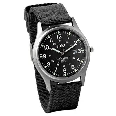Imagen de JewelryWe Reloj para Hombre, de Caballero Cuarzo con Correa Nylon, Calendario Estilo Sencillo, Regalo Negro