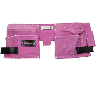 Imagen de Toolzone Cinturón de cuero para herramientas con 11 bolsillos doble refuerzo, incluye soporte martillo y cinta métrica, color rosa