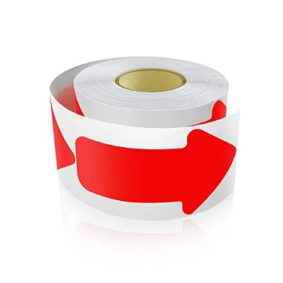 Imagen de 200 pegatinas de flecha 5 x 10 cm, rollo autoadhesivo para marcar el suelo, resistentes a la intemperie, color rojo