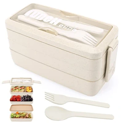 Imagen de Fiambrera de 3 capas, caja Bento 4 en 1 con tenedor y cuchara, almacenamiento alimentos 1000 ml para hombres, mujeres, estudiantes, microondas, lavavajillas, apta disponible (Beige)