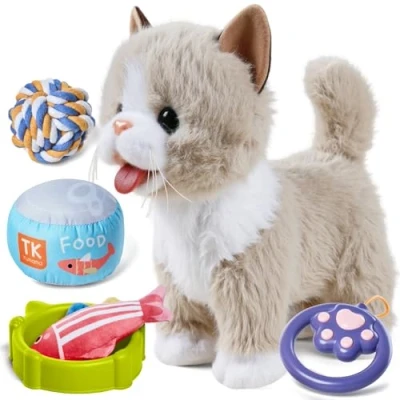 Imagen de TUMAMA juguete interactivo para niños, gatitos de peluche con mando a distancia correa que corre y ladra, gatito electrónico mascotas partir 3 4 5 6 caminar, maullido,