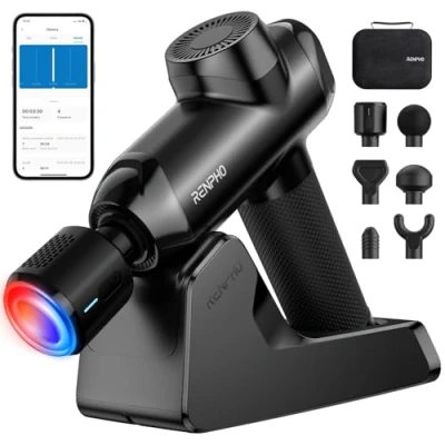 Imagen de RENPHO Pistola de Masaje Massage Gun con Soporte Carga Calor y Frío, Muscular percusión espalda, Bluetooth para atletas Relaja los Músculos, Regalos Mujeres Hombres