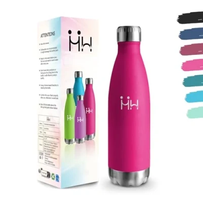 Imagen de Botella Agua Acero Inoxidable, 500 ml Libre de BPA, Termica, 18/8 Botellas Agua, Aislamiento al Vacío Boble Pared, Cantimplora Termica para Cámping Rosa roja