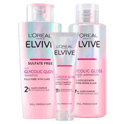 Imagen de L&#039;Oréal Paris Elvive Acondicionador Glycolic Gloss 150ml + Champú 200ml Tratamiento de Laminación 5 Minutos Set para Cabello Opaco y Poroso Brillo Intenso Duradero 3 Botellas