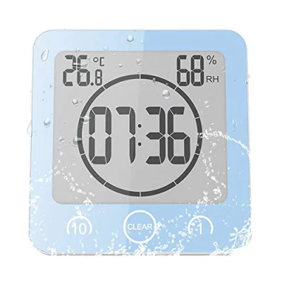 Imagen de ALLOMN Reloj de Baño, LCD Ducha Digital Alarma Impermeable Control Táctil Hum / ℉ Temperatura Humedad, Temporizador Cuenta Regresiva, 3 Métodos Montaje, Energía la Batería (Azul)