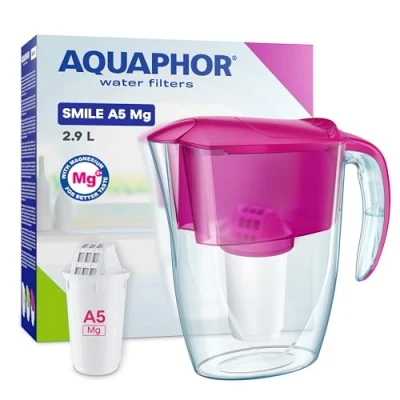 Imagen de AQUAPHOR Jarra Filtrante Smile 2,9 L, Ideal para Puertas de Frigorífico, Ligera y Compacta, Incluye Filtro A5 350 L con Magnesio, Reduce Cal, Cloro Microplásticos Rosa