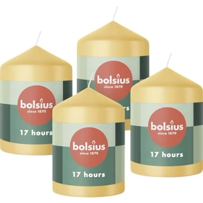Imagen de Bolsius Pillar Candles Velas decorativas para el hogar (4 unidades, 8 x 6 cm, 17 horas de combustión, sin perfume, cera vegana natural, aceite palma), color beige