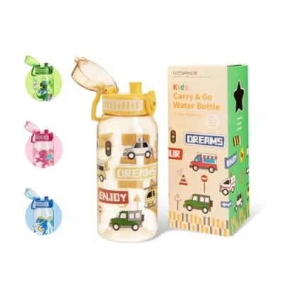 Imagen de UZSPACE botella de agua para niños, a prueba fugas, deportiva 600 ml, sin BPA, con manejo una sola mano, la escuela, al aire libre, guardería, amarillo