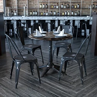 Imagen de Flash Furniture Blake Commercial Grade Silla apilable para Interiores y Exteriores, Metal, Negro (Distressed Black), 4 Pack De, Unidades