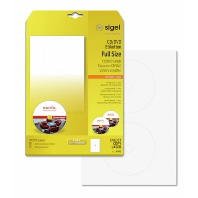 Imagen de SIGEL LA505 Etiquetas para CD/DVD (Ink/Laser/Copy), Ø 117 mm (A4), 50 Et.=25 hojas