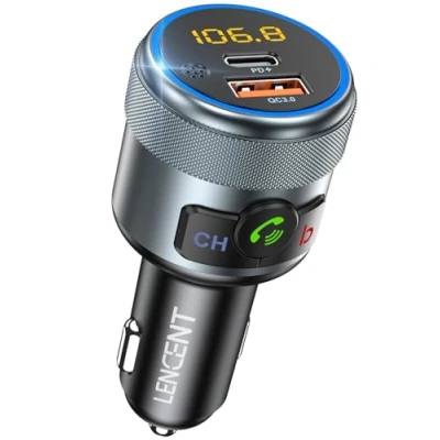 Imagen de LENCENT Transmisor FM Bluetooth 5.1, Manos Libres Reproductor Música Coche, Deep Bass Sonido Hi Fi, Adaptador Radio con PD 20W y Carga Rápida QC3.0 18W, Compatible Llamadas