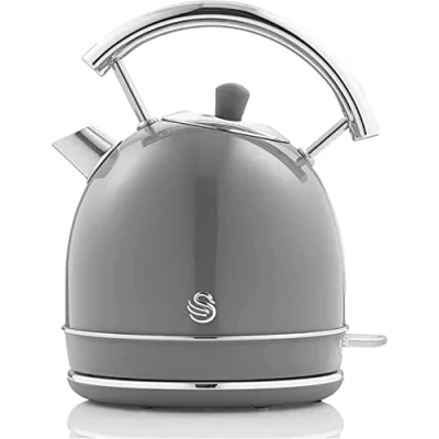 Imagen de Swan Retro Hervidor de Agua 1,8L, Tetera Eléctrica, Resistencia Oculta Acero Inoxidable, Inalámbrico, sin Cable, Diseño Vintage, Apagado Automático Controlador Strix, Gris, 3000W