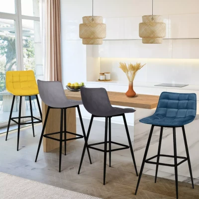 Imagen de IDMarket Juego de 4 taburetes bar Mady terciopelo Mix color azul, gris claro, oscuro, amarillo