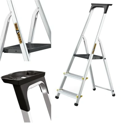 Imagen de Drabest ESCALERAS Serie Pro Escalera de Tijera Aluminio Doméstica 3 Peldaños 150kg con Pies Antideslizantes y Plataforma Trabajo 40x121x12cm