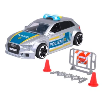 Imagen de Dickie Toys Audi RS3 Coche policial de 15 cm con Bloqueo Carretera y pilón, luz Sonido, accionamiento por fricción, para niños a Partir 3 años