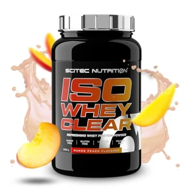 Imagen de Scitec Nutrition Iso Whey Clear Bebida proteica refrescante Sin azúcar lactosa gluten aceite de palma, 1025 g, Mango melocotón con edulcorantes