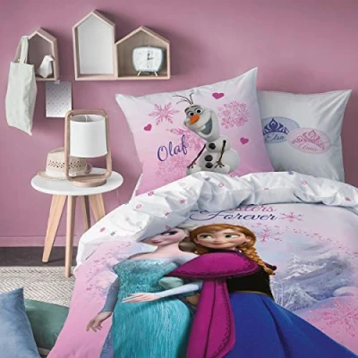Imagen de Familando Juego de ropa cama para niña con Anna y Elsa, 135 x 200 cm 80 cm, 100% algodón, diseño reversible Olaf en color rosa