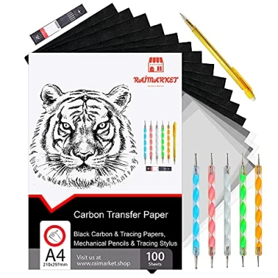 Imagen de Raimarket Svart Kolpapper, 100 A4 papper de Carbón Papel Negro Kraft, Transfer y Calco Patrones Costura Para Tela